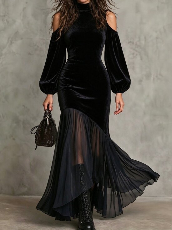 Dresses & Skirts - Black Chic Women's Open Shoulder Puff Chiffon Asymmetrical Fishtail Dress